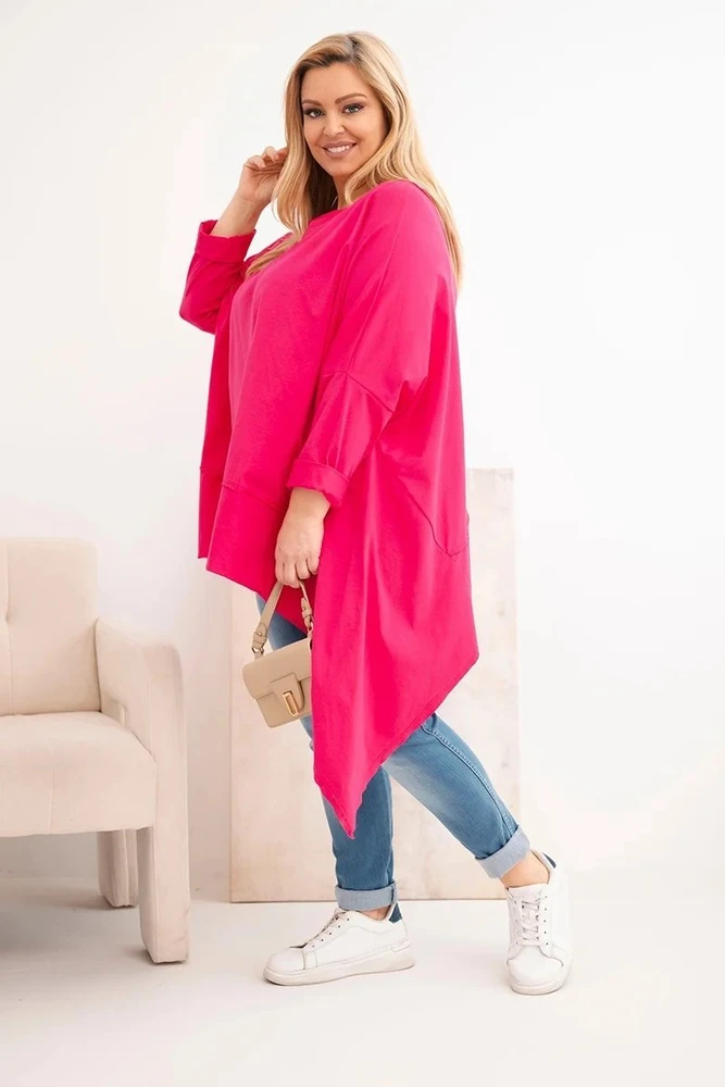 Moteriška Plus Size tunika su asimetriniu apačios kraštu, fuksijos spalvos