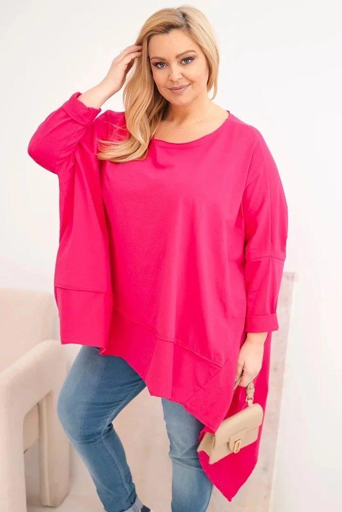 Moteriška Plus Size tunika su asimetriniu apačios kraštu, fuksijos spalvos