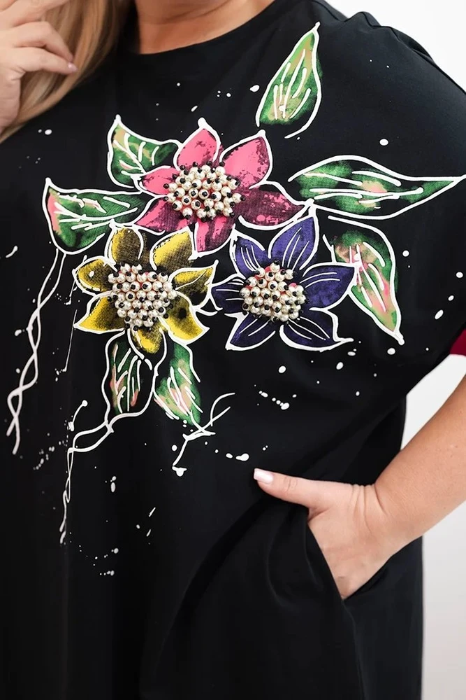 Moteriška Plus Size tunika su gėlių raštu ir dekoratyviniais perlais, fuksijos spalvos