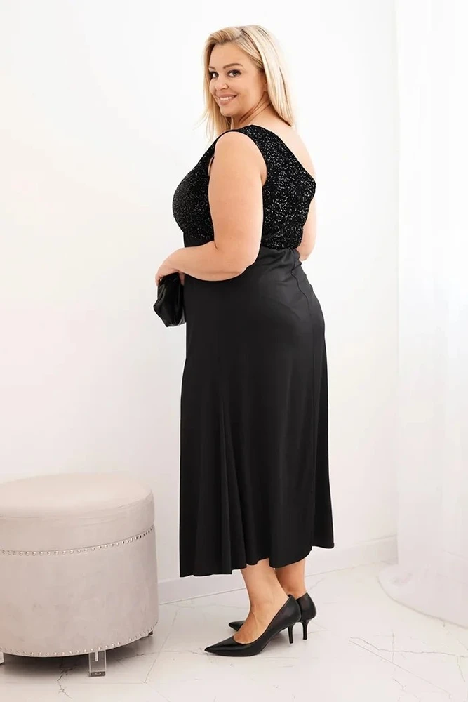 Moteriška Plus Size vakarinė suknelė ant vieno peties, juodos spalvos
