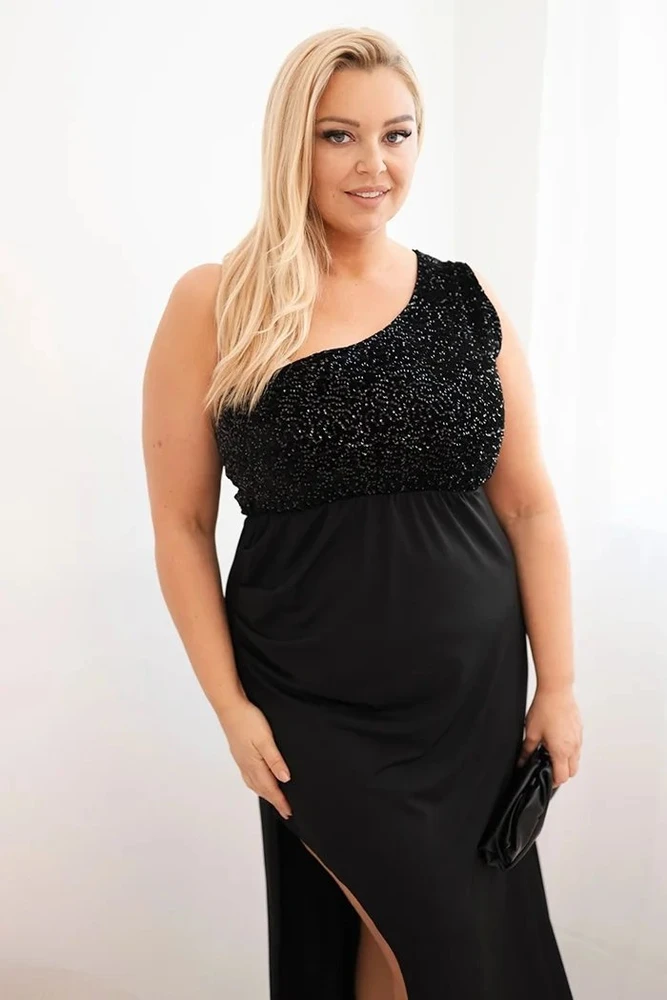 Moteriška Plus Size vakarinė suknelė ant vieno peties, juodos spalvos