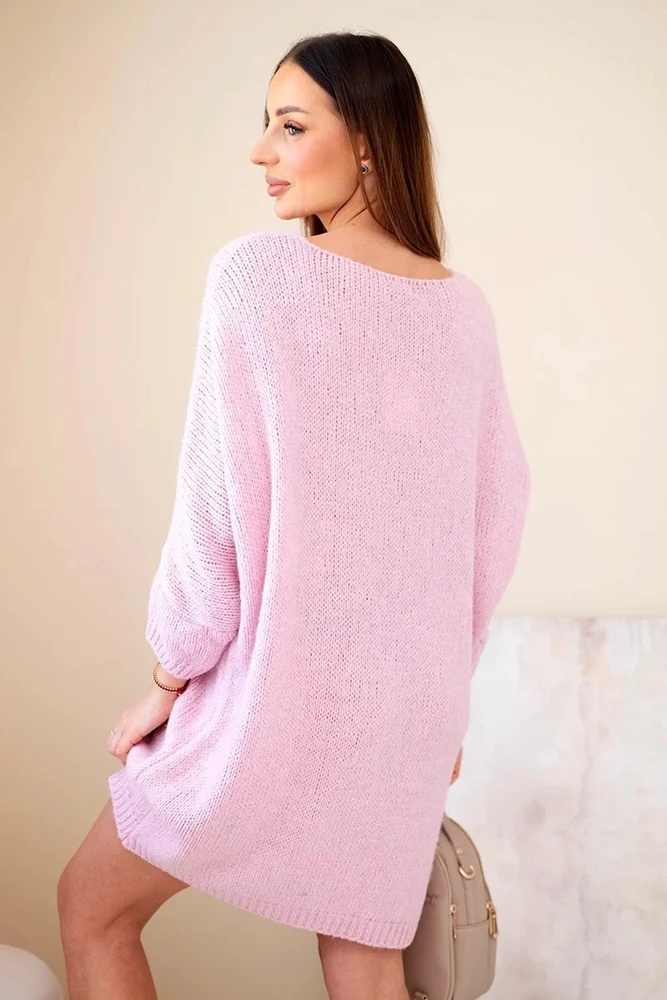 Moteriška Plus Size vilnonė suknelė su V formos iškirpte, šviesiai rožinė