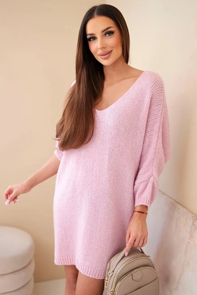 Moteriška Plus Size vilnonė suknelė su V formos iškirpte, šviesiai rožinė