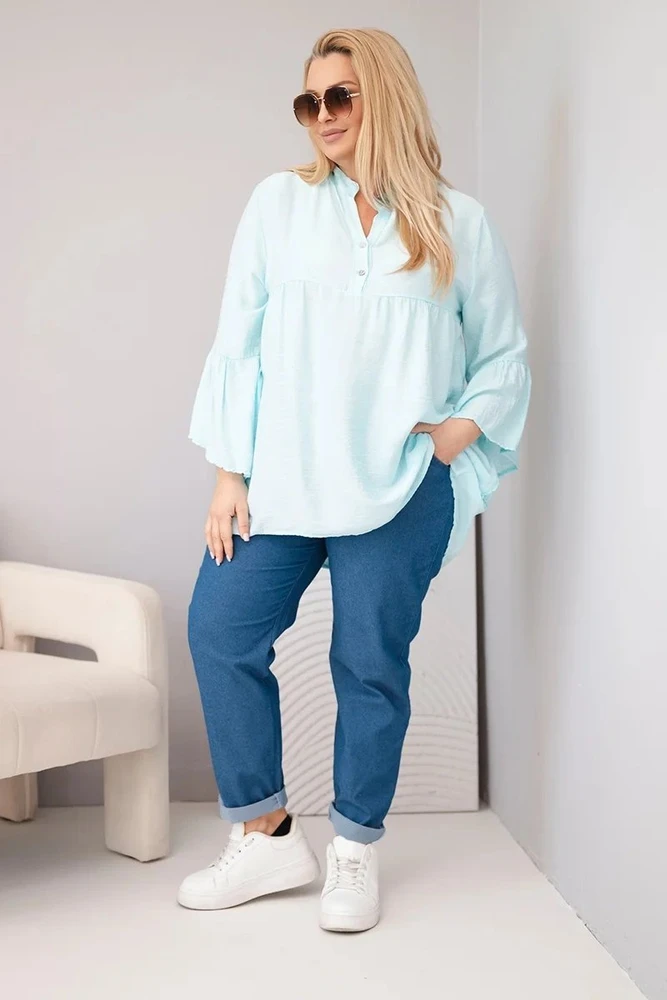 Moteriška Plus Size viskozės palaidinė su raukiniais rankovėmis ir V formos iškirpte, mėtų spalvos