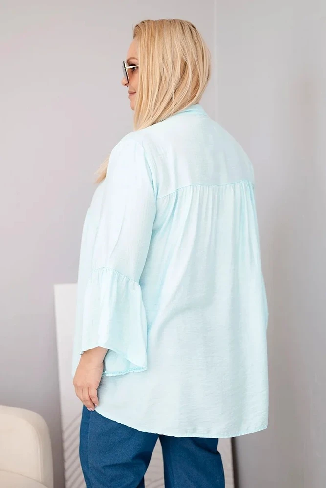 Moteriška Plus Size viskozės palaidinė su raukiniais rankovėmis ir V formos iškirpte, mėtų spalvos