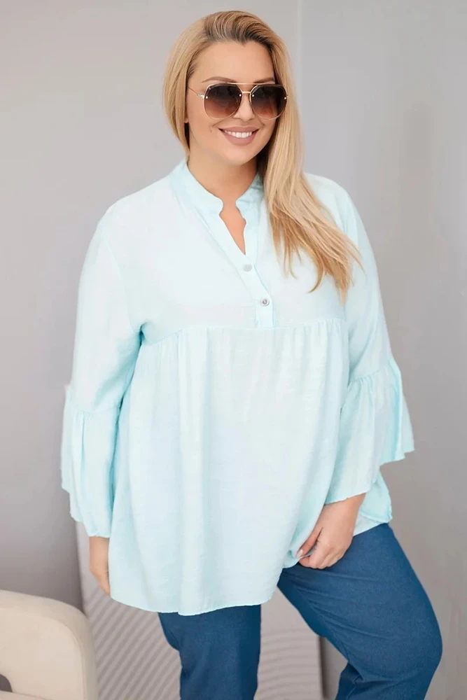 Moteriška Plus Size viskozės palaidinė su raukiniais rankovėmis ir V formos iškirpte, mėtų spalvos