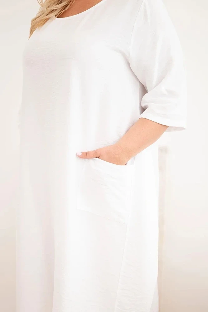 Moteriška Plus Size viskozės suknelė su kišenėmis ir trumpomis rankovėmis, balta