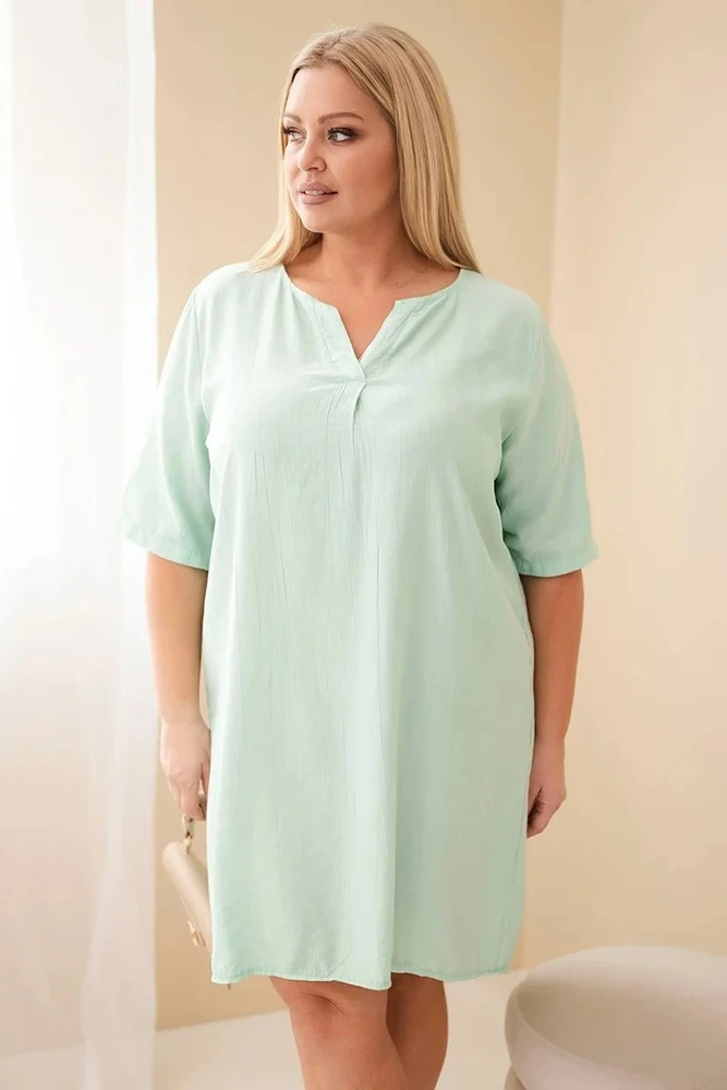 Moteriška Plus Size viskozės suknelė trumpomis rankovėmis, tamsios mėtų spalvos