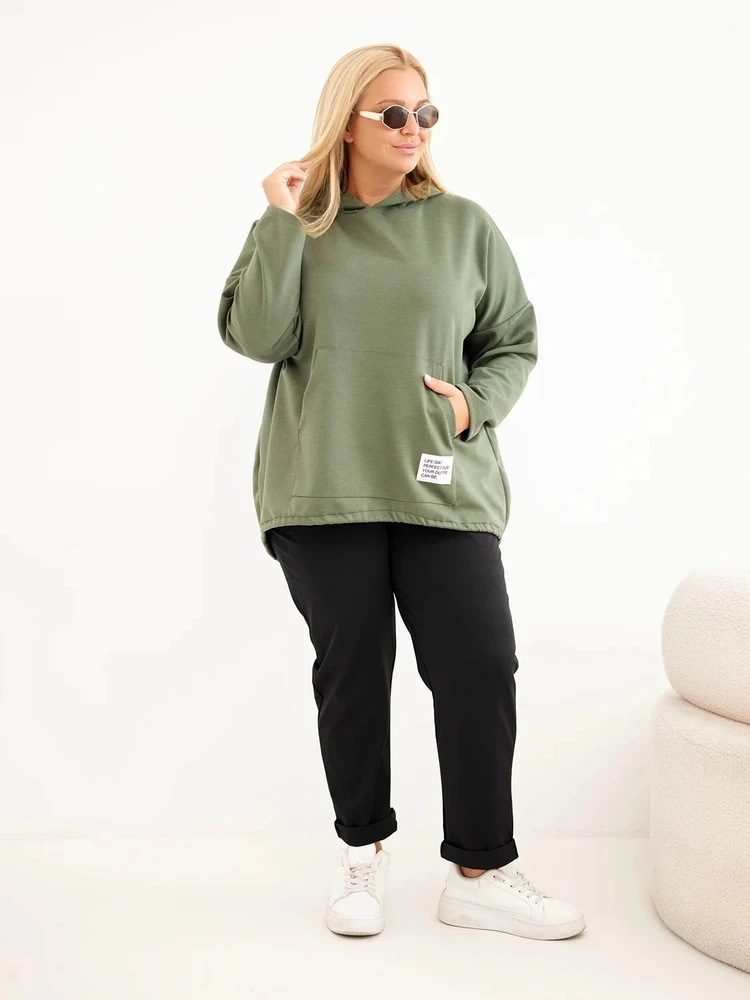 Moteriška Plus Size viskozinė džemperis su gobtuvu ir kišene, chaki spalvos