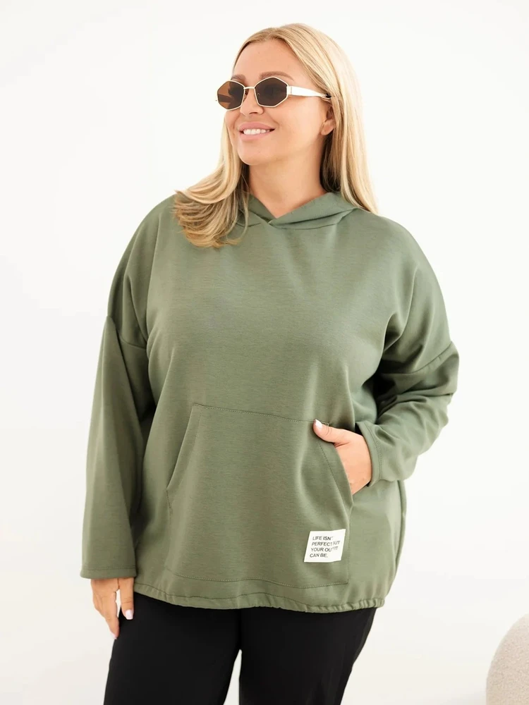 Moteriška Plus Size viskozinė džemperis su gobtuvu ir kišene, chaki spalvos