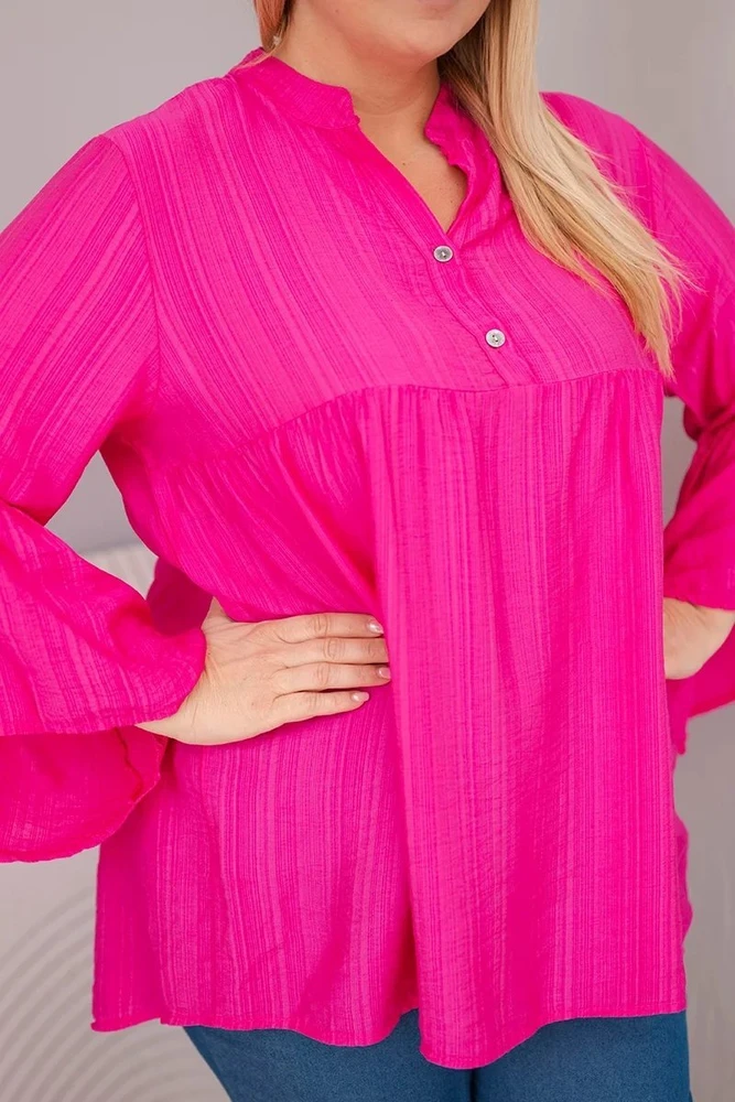 Moteriška Plus Size viskozinė palaidinė su rauktomis rankovėmis ir V formos iškirpte, fuksijos spalvos