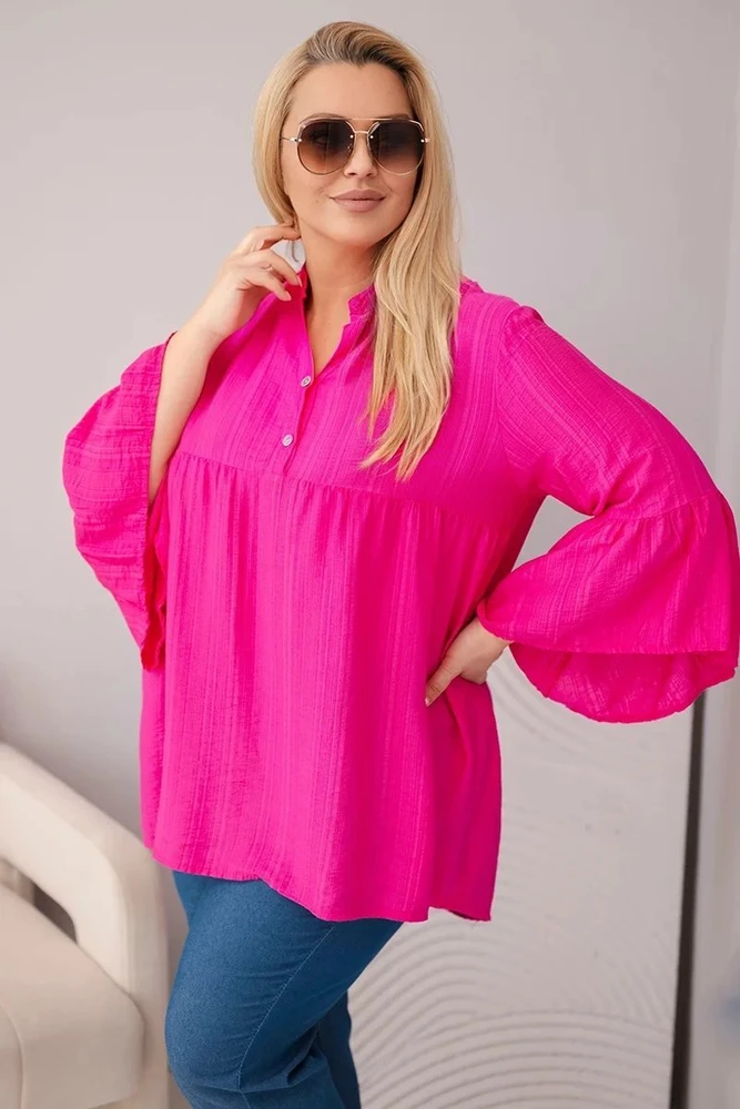 Moteriška Plus Size viskozinė palaidinė su rauktomis rankovėmis ir V formos iškirpte, fuksijos spalvos