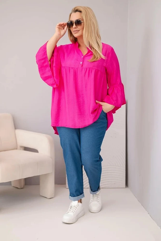 Moteriška Plus Size viskozinė palaidinė su rauktomis rankovėmis ir V formos iškirpte, fuksijos spalvos