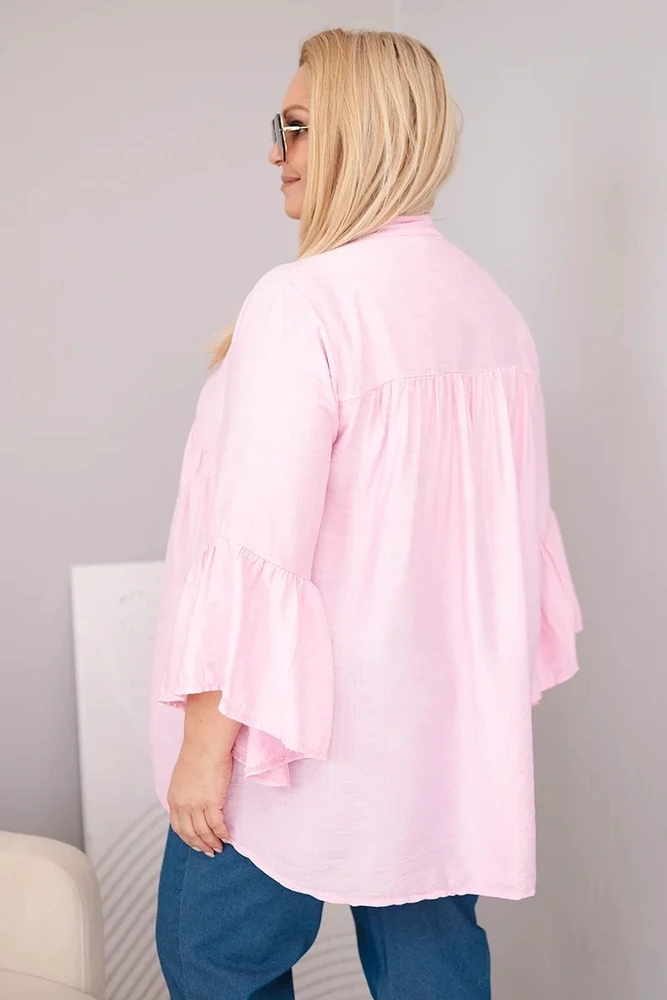 Moteriška Plus Size viskozinė palaidinė su V formos iškirpte ir rankovėmis su raukiniais, rožinės spalvos