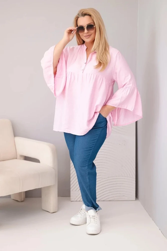Moteriška Plus Size viskozinė palaidinė su V formos iškirpte ir rankovėmis su raukiniais, rožinės spalvos