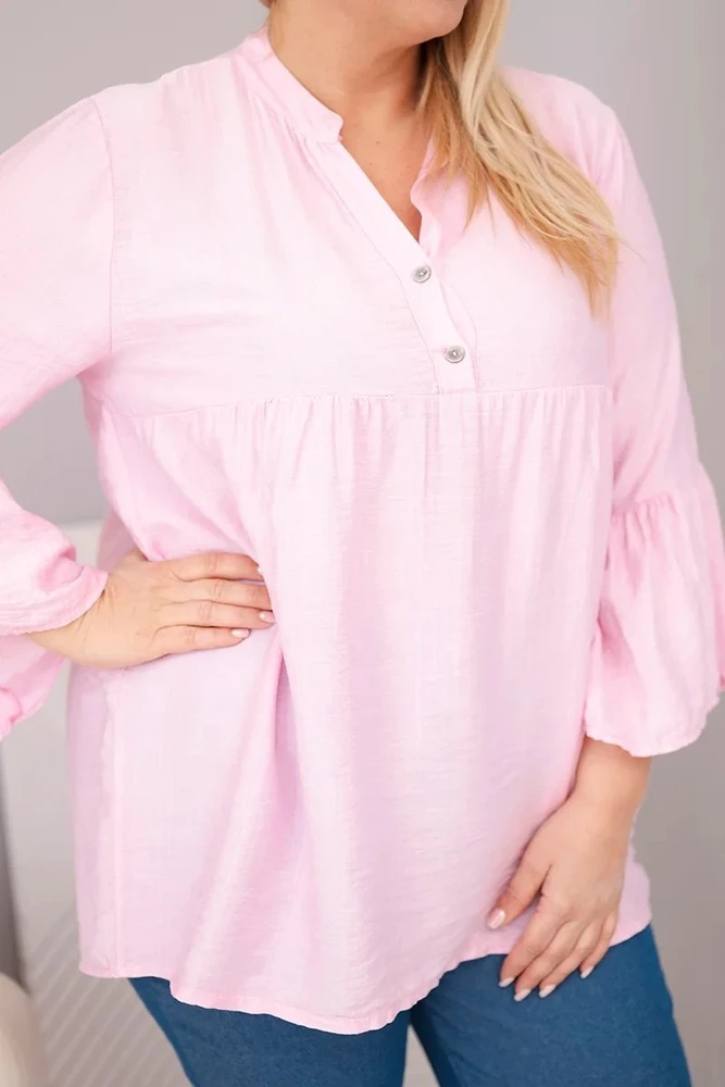 Moteriška Plus Size viskozinė palaidinė su V formos iškirpte ir rankovėmis su raukiniais, rožinės spalvos
