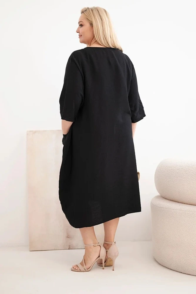 Moteriška Plus Size viskozinė suknelė su kišenėmis, juoda