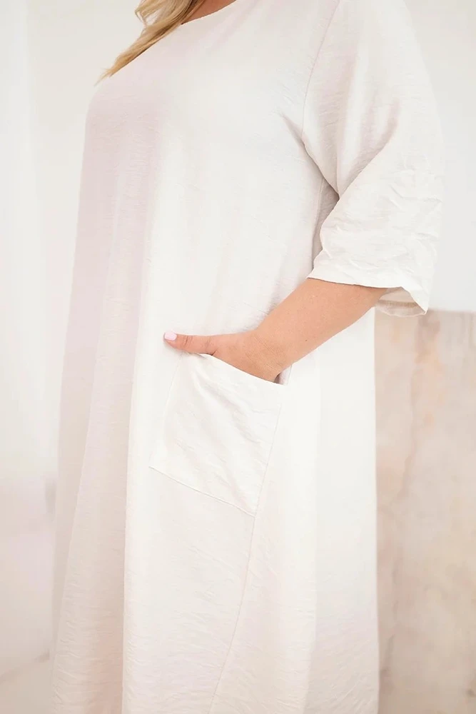 Moteriška Plus Size viskozinė suknelė su kišenėmis, trumpomis rankovėmis, smėlio spalvos