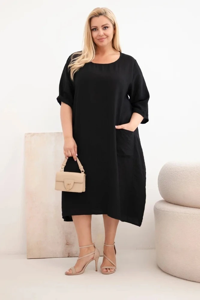 Moteriška Plus Size viskozinė suknelė su kišenėmis, juoda