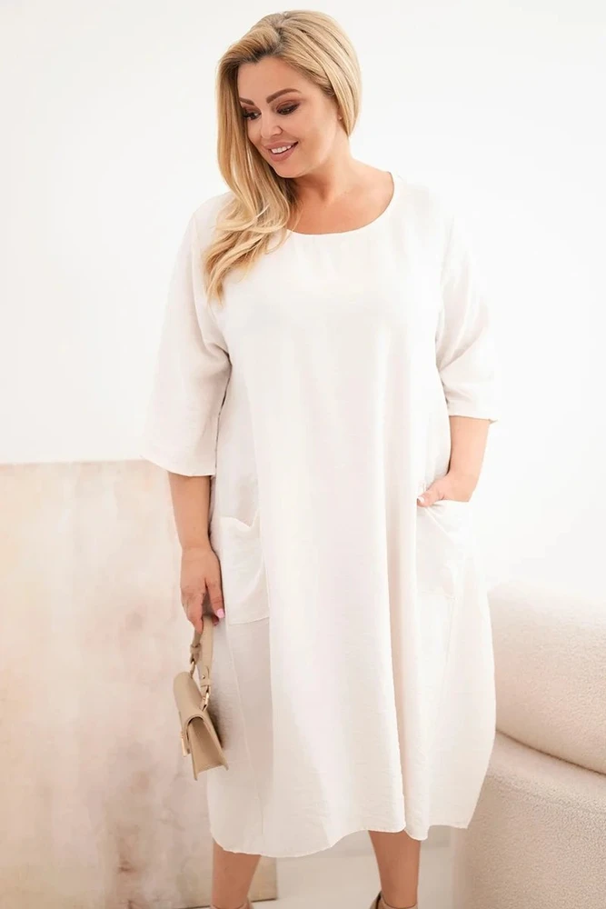 Moteriška Plus Size viskozinė suknelė su kišenėmis, trumpomis rankovėmis, smėlio spalvos