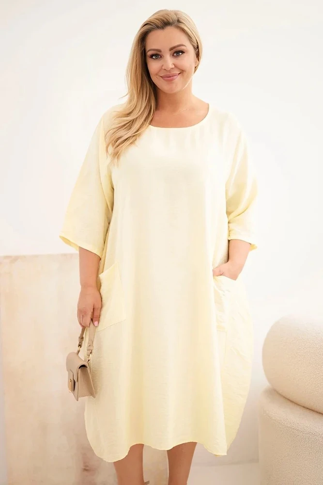Moteriška Plus Size viskozinė suknelė su kišenėmis, geltona