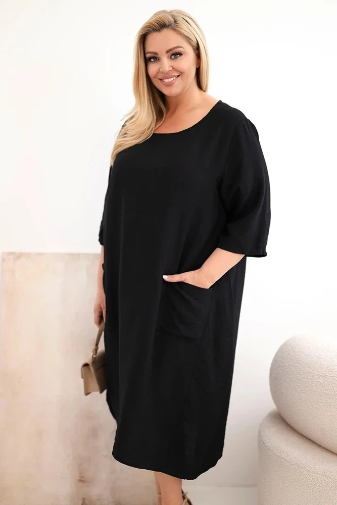 Moteriška Plus Size viskozinė suknelė su kišenėmis, juoda