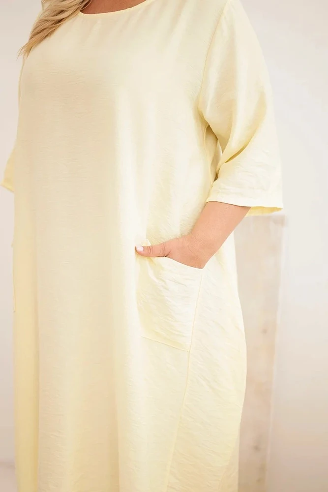 Moteriška Plus Size viskozinė suknelė su kišenėmis, geltona