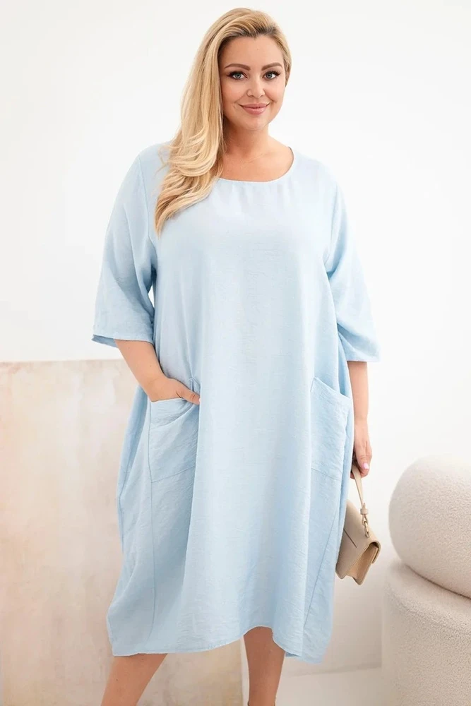 Moteriška Plus Size viskozinė suknelė trumpomis rankovėmis su kišenėmis, mėlyna