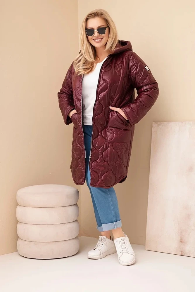 Moteriška Plus Size žieminė dygsniuota striukė su gobtuvu, burgundiškos spalvos