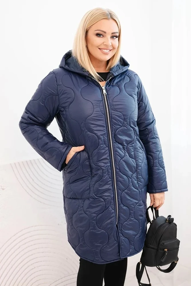 Moteriška Plus Size žieminė dygsniuota striukė su gobtuvu, tamsiai mėlynos spalvos