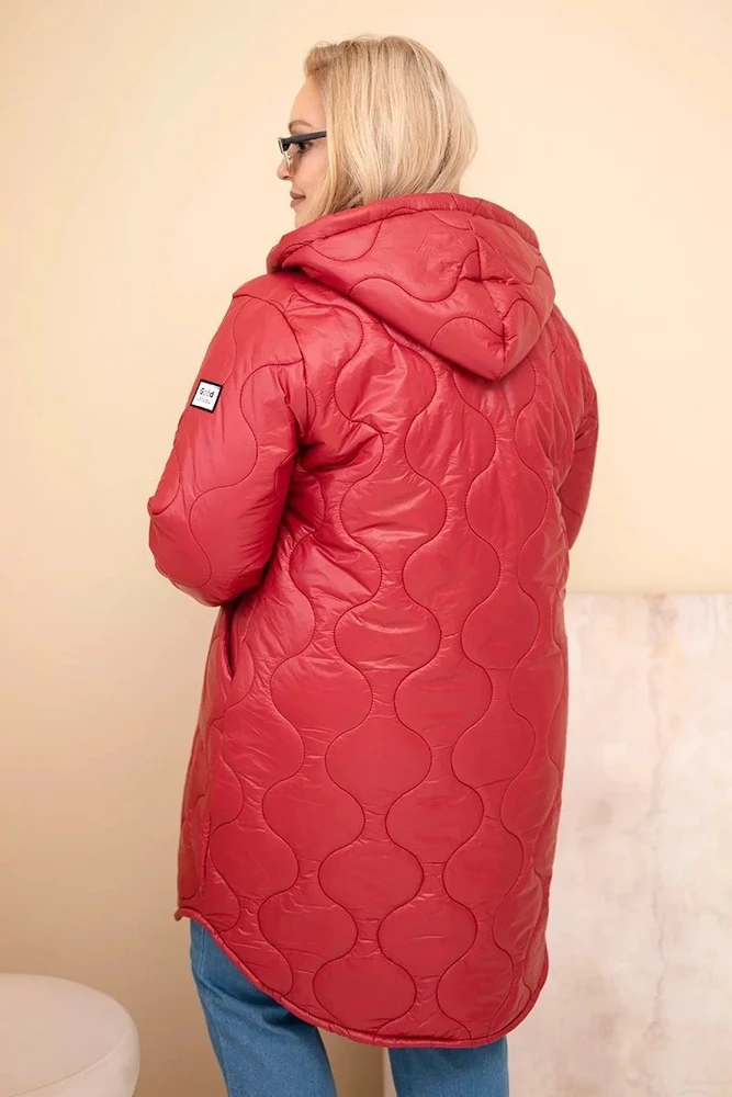 Moteriška Plus Size žieminė dygsniuota striukė su gobtuvu, bordinės spalvos