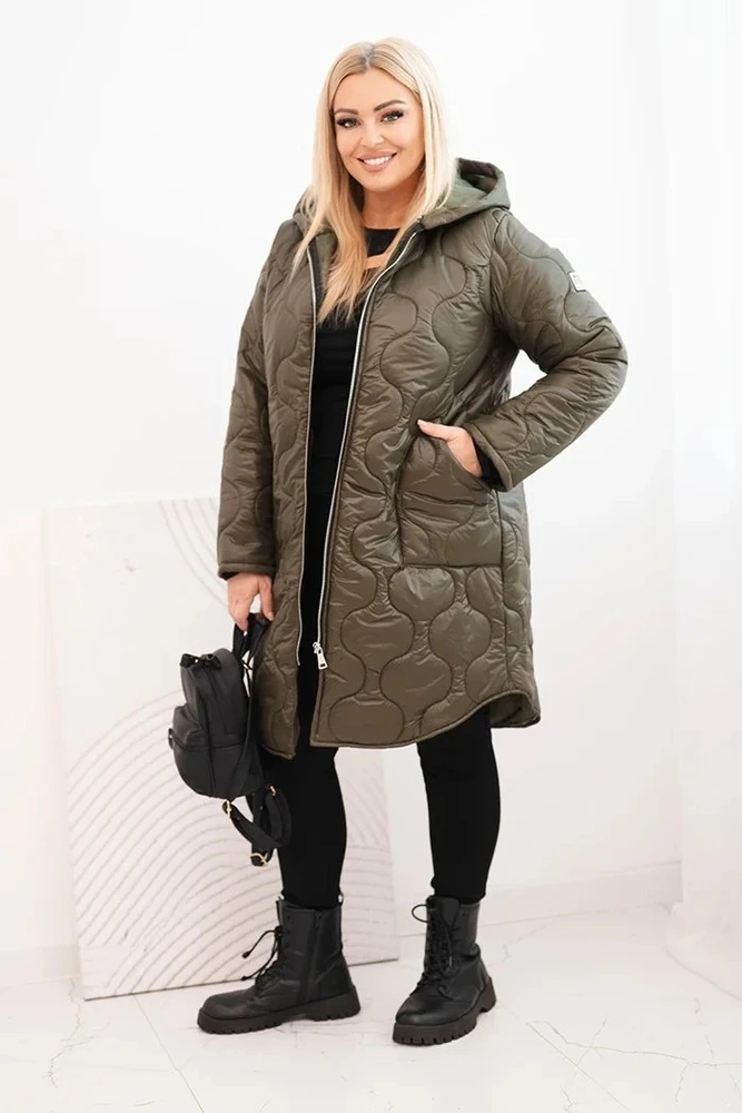 Moteriška Plus Size žieminė dygsniuota striukė su gobtuvu, chaki spalvos