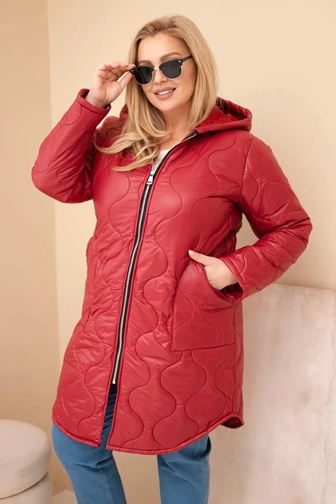 Moteriška Plus Size žieminė dygsniuota striukė su gobtuvu, bordinės spalvos