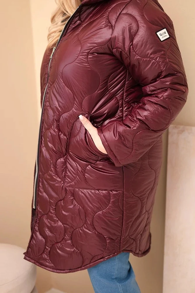 Moteriška Plus Size žieminė dygsniuota striukė su gobtuvu, burgundiškos spalvos