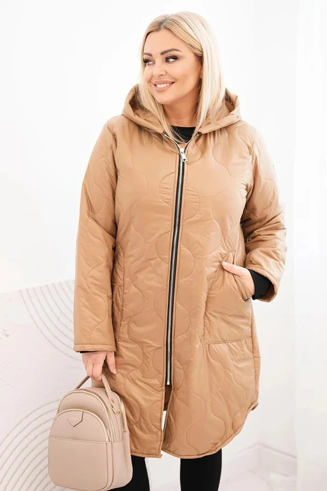 Moteriška Plus Size žieminė dygsniuota striukė su gobtuvu, kapučino spalvos