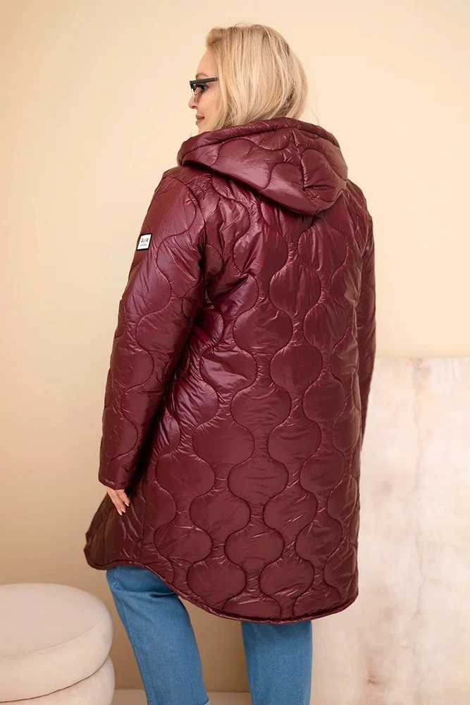 Moteriška Plus Size žieminė dygsniuota striukė su gobtuvu, burgundiškos spalvos