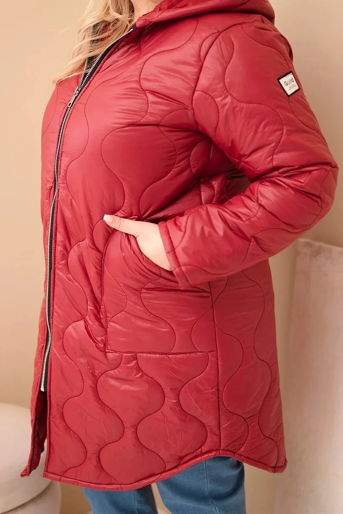 Moteriška Plus Size žieminė dygsniuota striukė su gobtuvu, bordinės spalvos