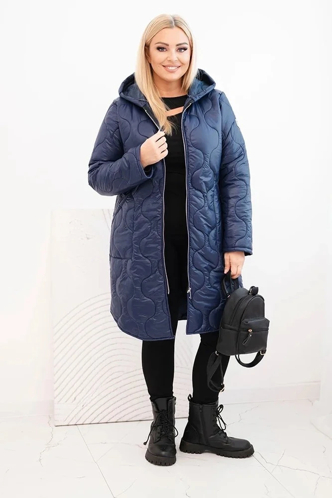 Moteriška Plus Size žieminė dygsniuota striukė su gobtuvu, tamsiai mėlynos spalvos