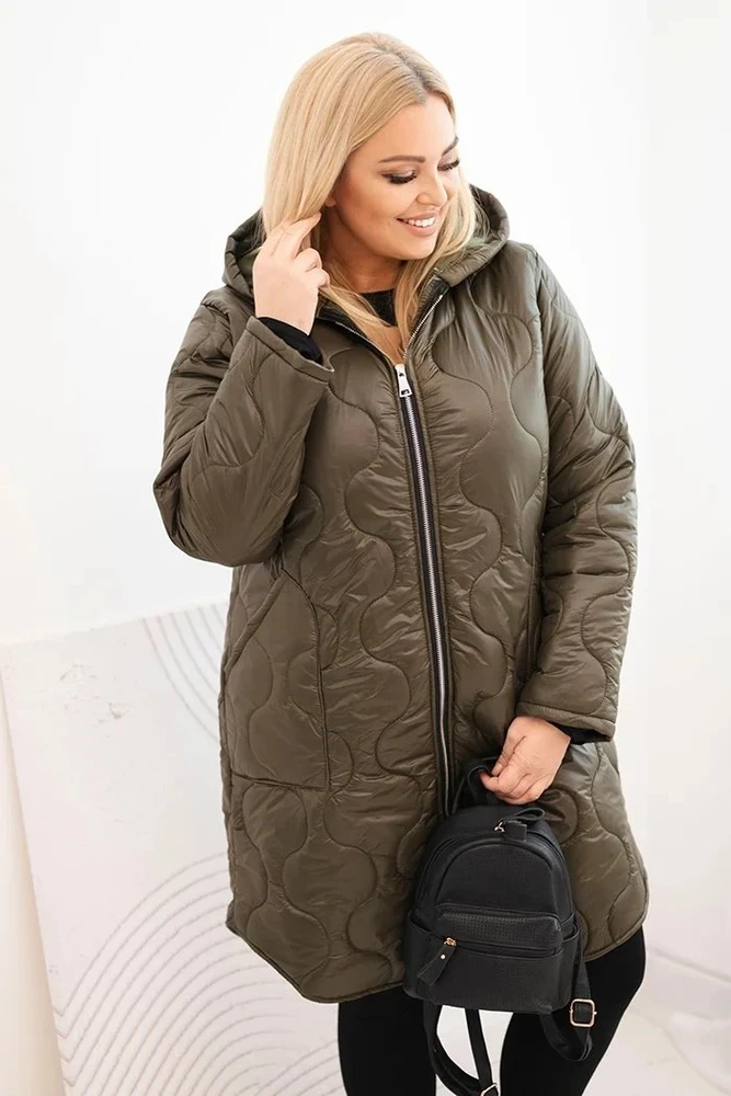 Moteriška Plus Size žieminė dygsniuota striukė su gobtuvu, chaki spalvos