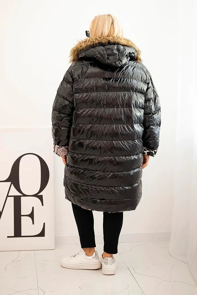 Moteriška Plus Size žieminė striukė su gobtuvu ir kailiuku, juodos spalvos