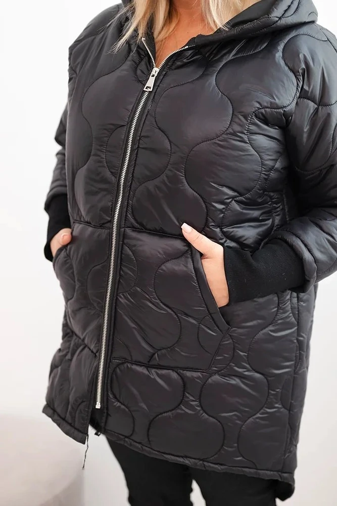 Moteriška Plus Size žieminė striukė su gobtuvu, juodos spalvos