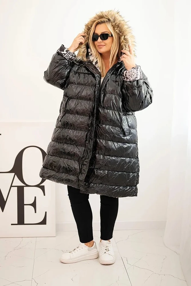Moteriška Plus Size žieminė striukė su gobtuvu ir kailiuku, juodos spalvos
