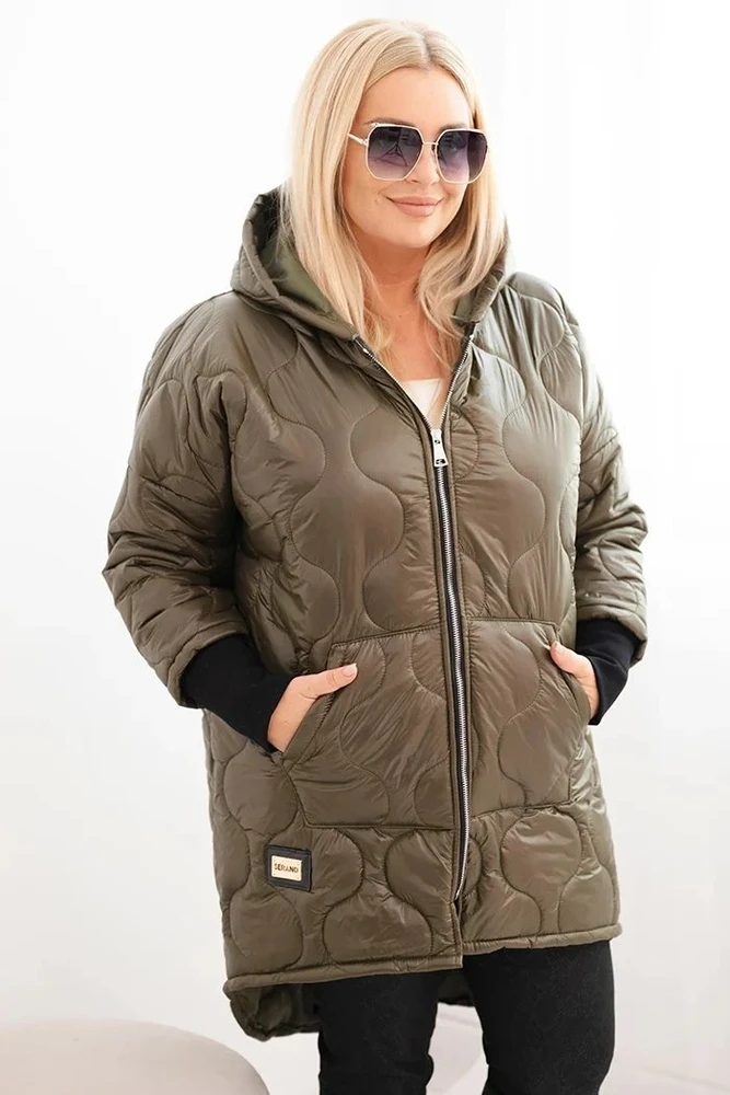 Moteriška Plus Size žieminė striukė su gobtuvu, chaki spalvos