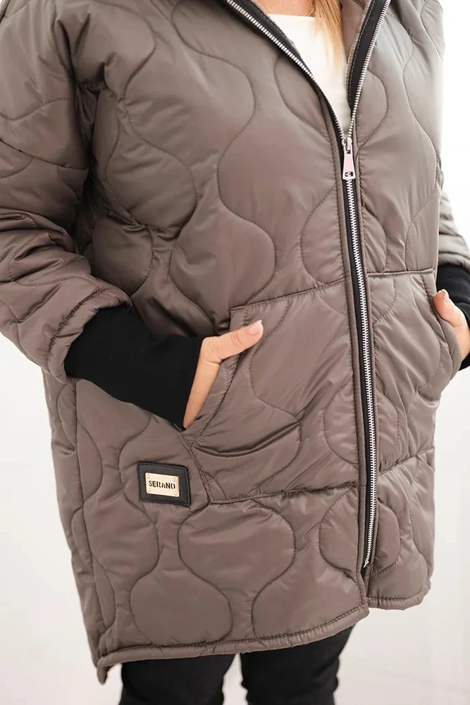 Moteriška Plus Size žieminė striukė su gobtuvu, kapučino spalvos