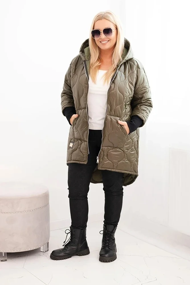 Moteriška Plus Size žieminė striukė su gobtuvu, chaki spalvos