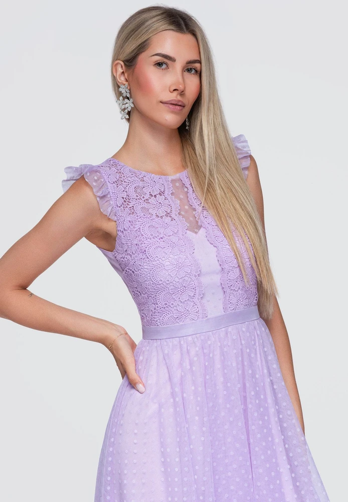 Moteriška violetinė midi suknelė su raukiniais