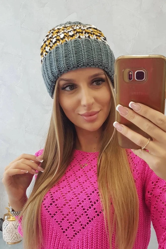 Moteriška žieminė kepurė Iris, tamsiai pilkos ir geltonos spalvų