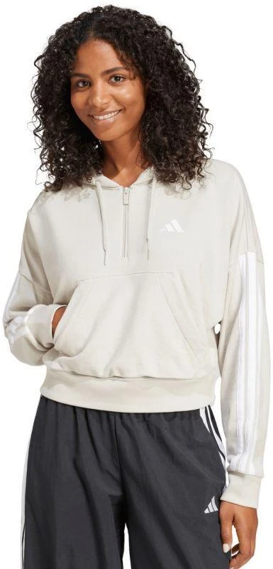 Moteriškas adidas Essentials 3-Stripes frotinis džemperis su pusės užtrauktuko užsegimu ir gobtuvu, smėlio spalvos JN1958