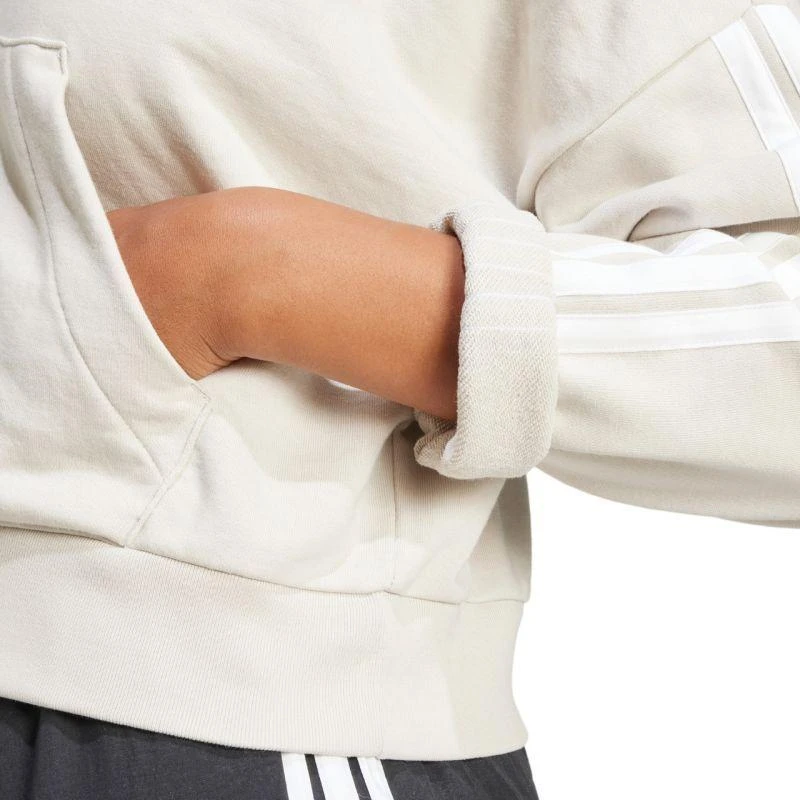 Moteriškas adidas Essentials 3-Stripes frotinis džemperis su pusės užtrauktuko užsegimu ir gobtuvu, smėlio spalvos JN1958