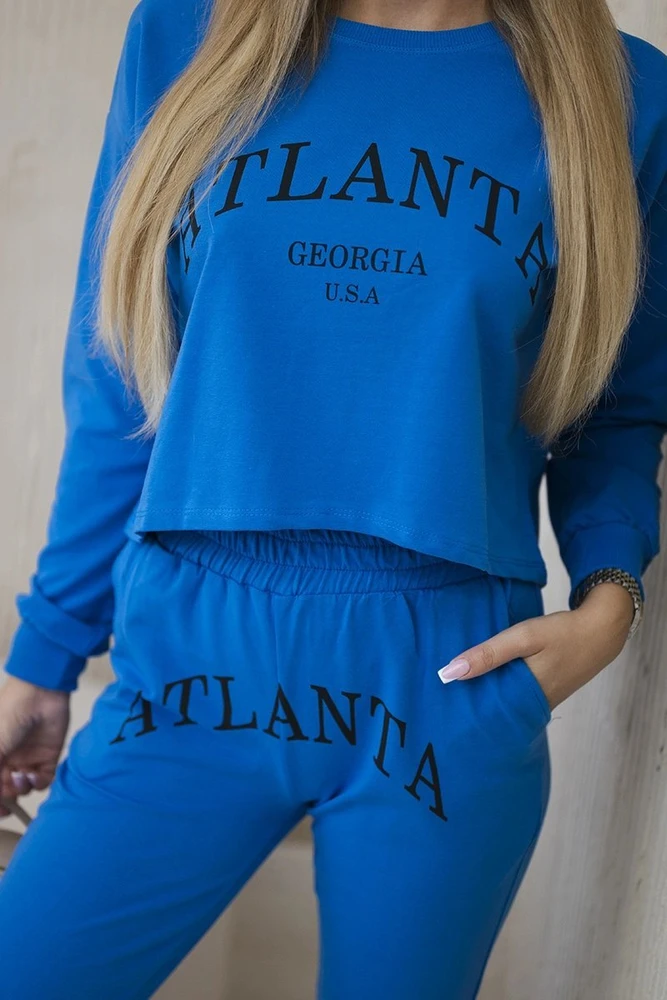 Moteriškas komplektas: palaidinė ir kelnės su „Atlanta“ užrašu, rugiagėlių mėlynas